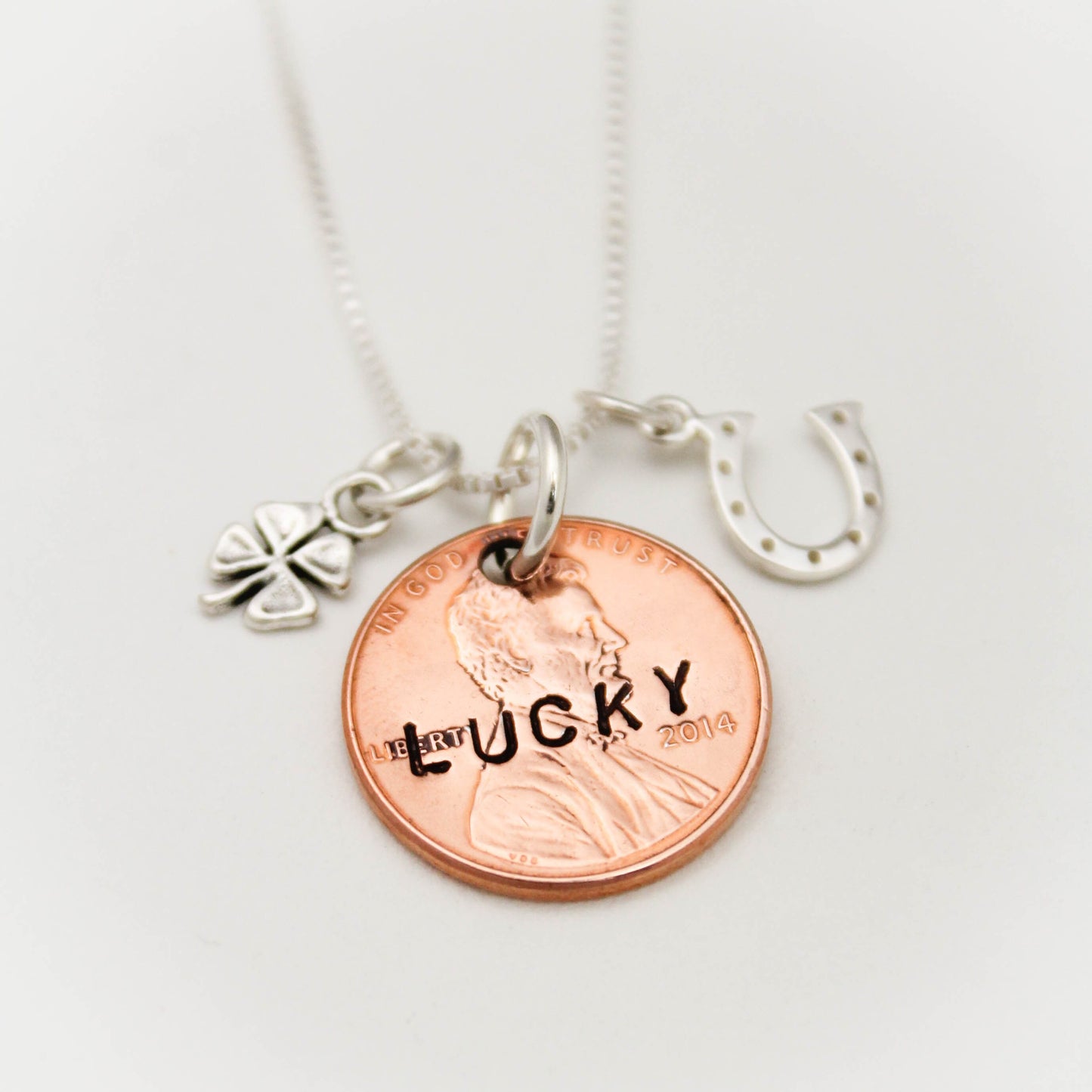 Lucky Penny Necklace, Choose Your Penny Year, Personalized, Sterling Silver Necklace with Initial and Birthstone, Hand Stamped Jewelry