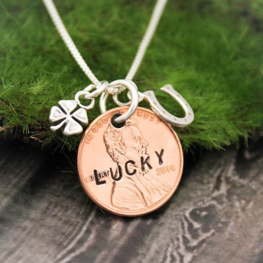 Lucky Penny Necklace, Choose Your Penny Year, Personalized, Sterling Silver Necklace with Initial and Birthstone, Hand Stamped Jewelry