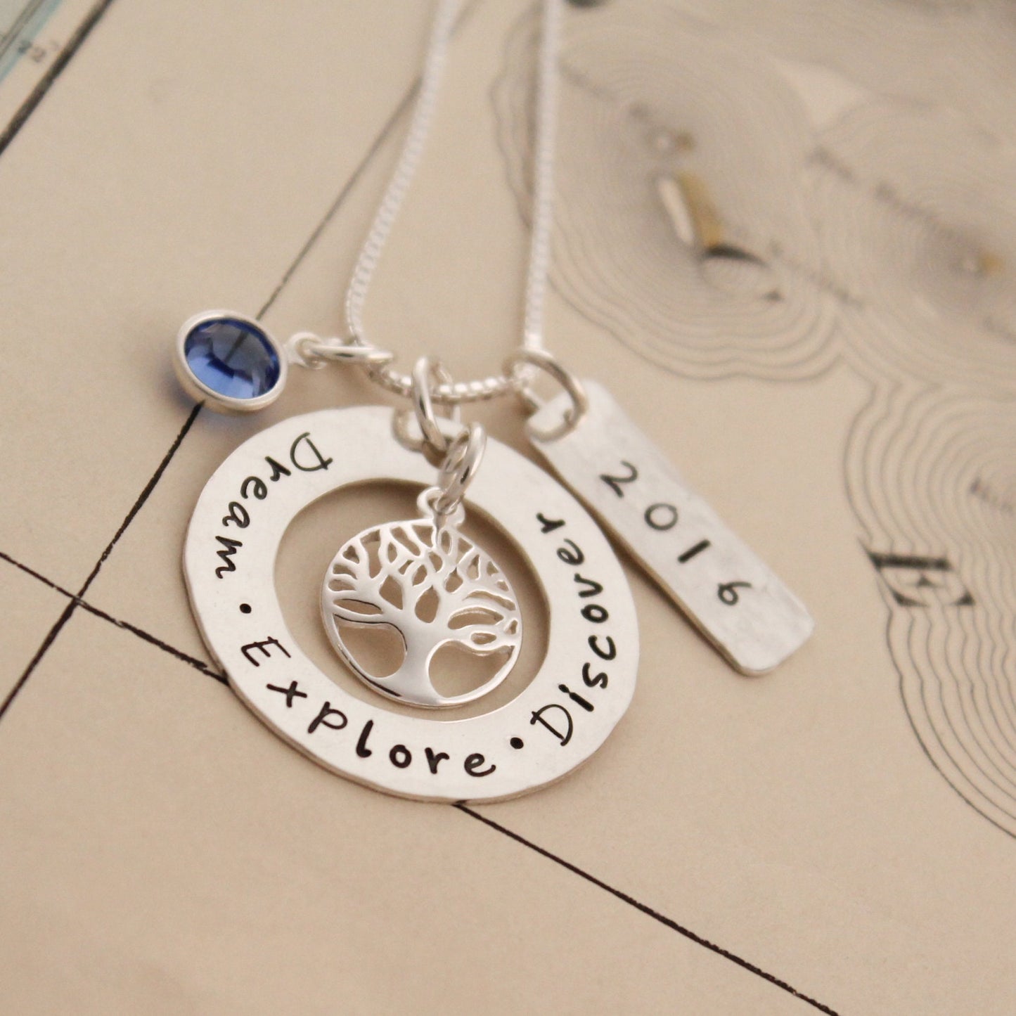 Dream Explore Discover Necklace, Personalized Graduation Jewelry, Graduation Gift, Hand Stamped Necklace, Personalized Jewelry, Tree Jewelry