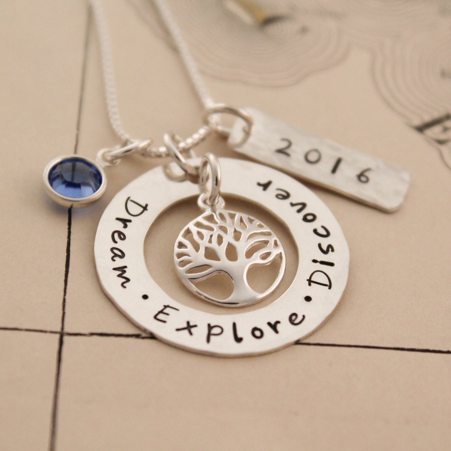 Dream Explore Discover Necklace, Personalized Graduation Jewelry, Graduation Gift, Hand Stamped Necklace, Personalized Jewelry, Tree Jewelry