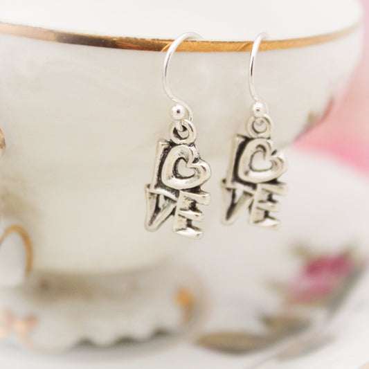 Cute Heart LOVE Earrings, Sterling Silver Heart Earrings, Valentine's Day Gift, Heart Jewelry, Gifts for Her, LOVE Sign Earrings
