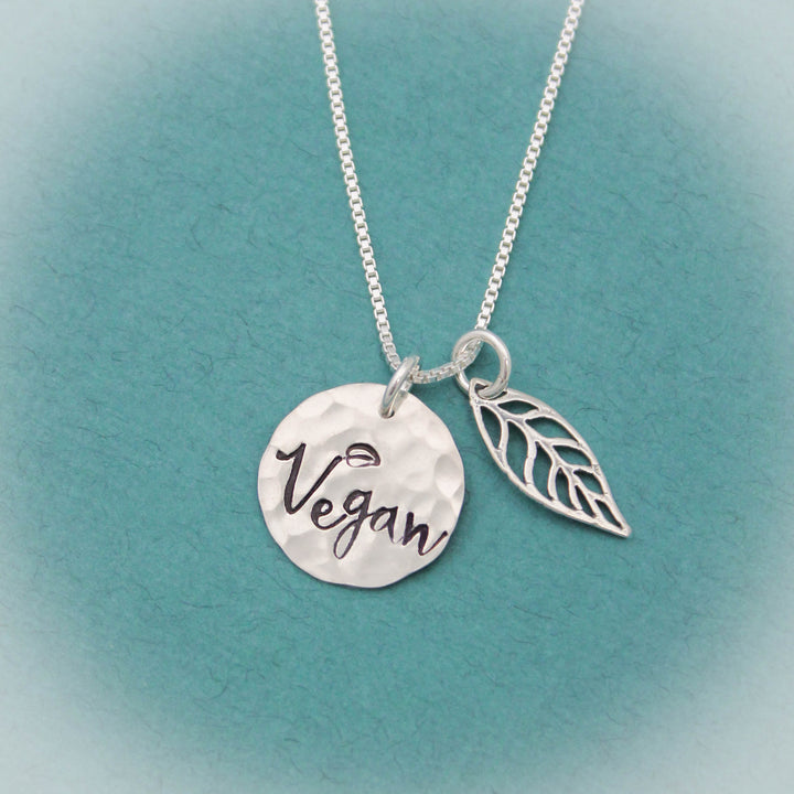 Vegan Leaf Necklace, Vegan Pride Necklace, Vegan Jewelry, Gift for Vegans, Sterling Silver Vegan Necklace, Animal Lover Gift, Vegetarian