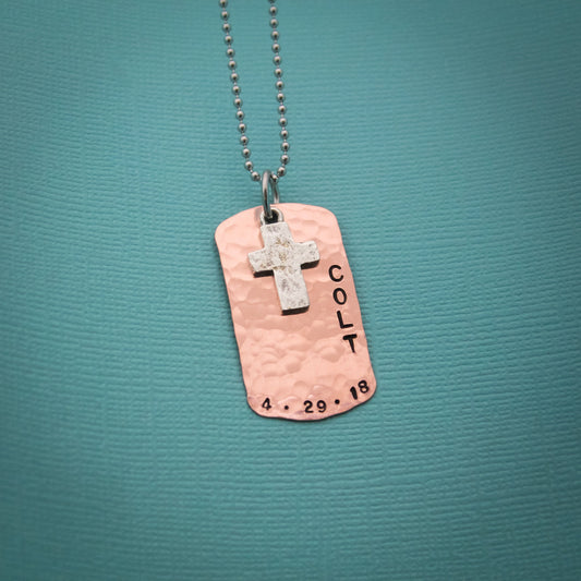 Boys Cross Necklace, Boys Confirmation or First Communion Gift, Copper Dog Tag Cross Necklace for Boys,  Hand Stamped and Personalized