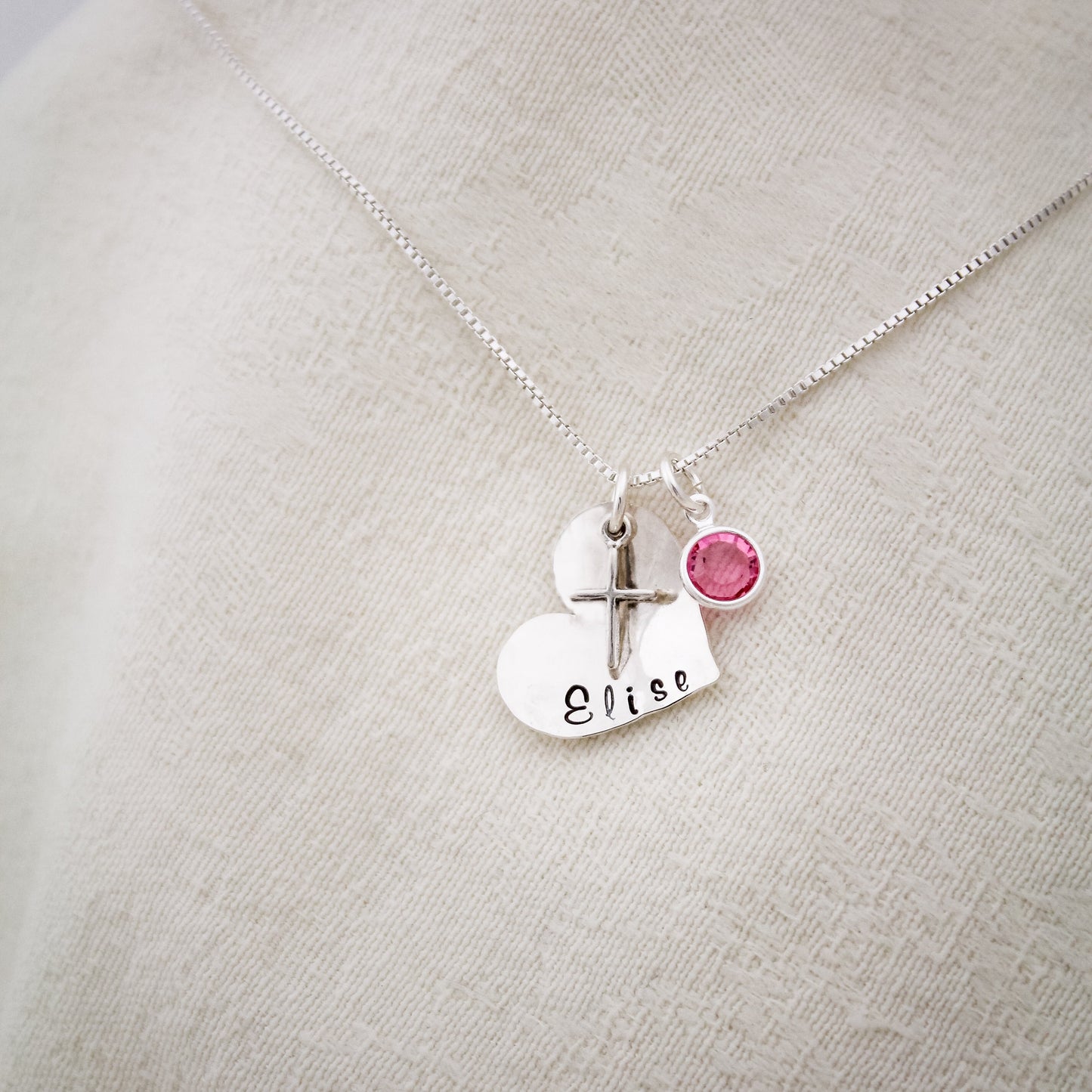 Heart Confirmation Cross Necklace with Birthstone, Hand Stamped Personalized Sterling Silver Confirmation Jewelry, Custom Cross Necklace