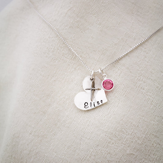 Heart Confirmation Cross Necklace with Birthstone, Hand Stamped Personalized Sterling Silver Confirmation Jewelry, Custom Cross Necklace