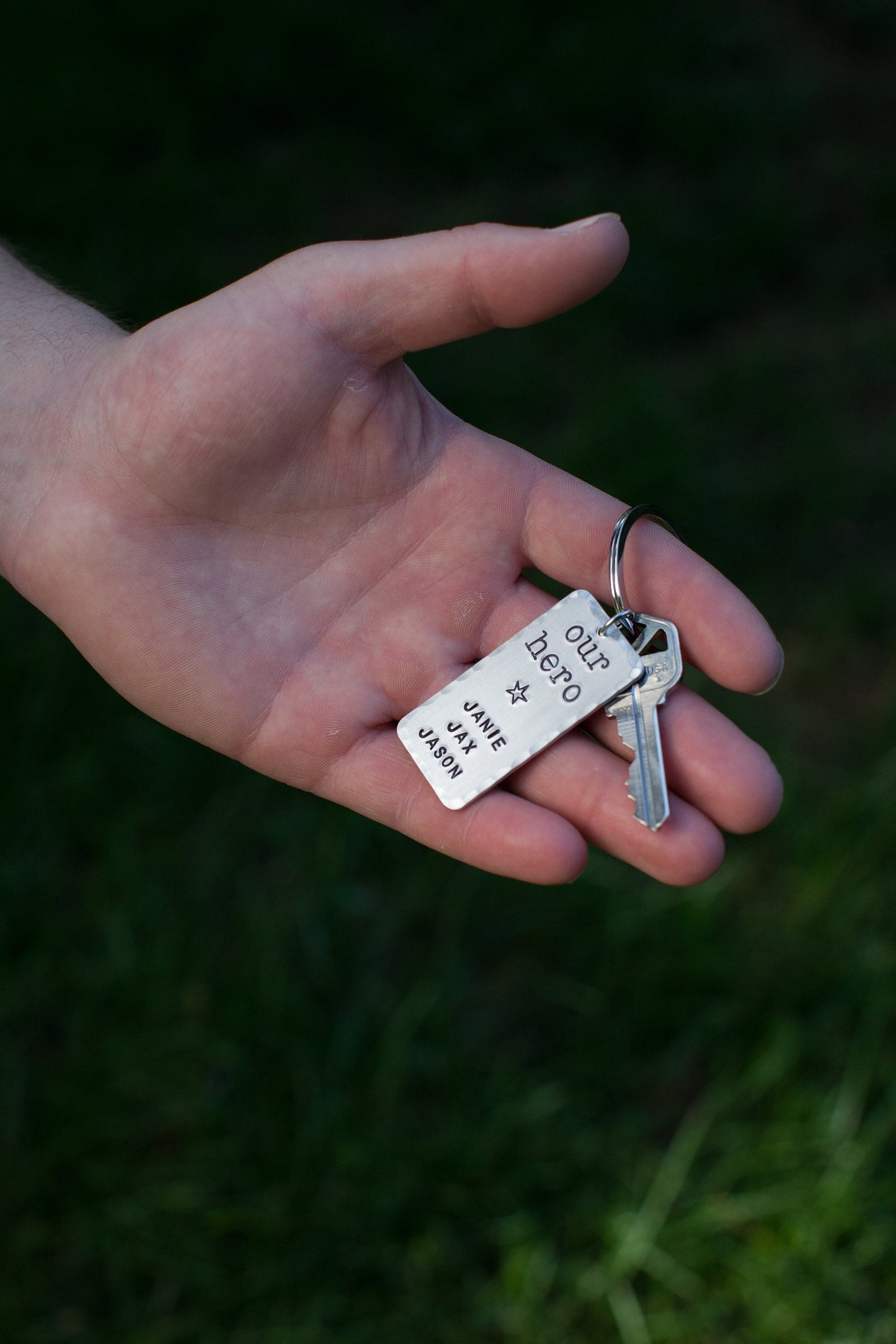 Our Hero Dad Keychain, Personalized Key Chain, My Hero Keychain, Gifts for Him, Handstamped, Personalized Gift, Great Father's Day Gift