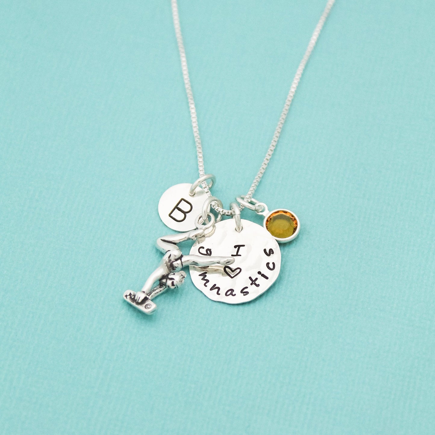 Sterling Silver Gymnastics Necklace with Crystal Birthstone and Initial Personalized Hand Stamped Necklace, Gymnast Sports Necklace