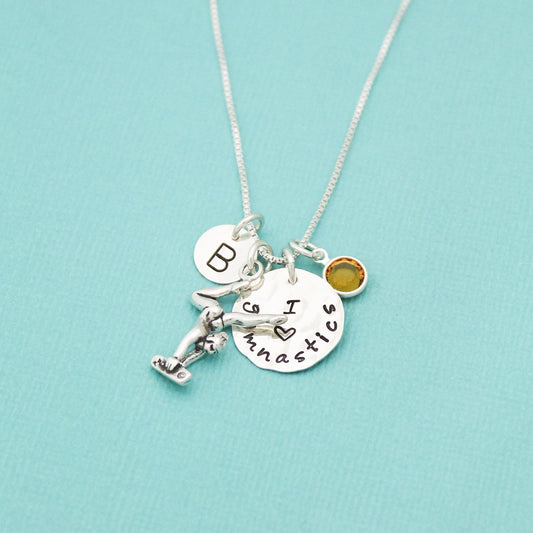 Sterling Silver Gymnastics Necklace with Crystal Birthstone and Initial Personalized Hand Stamped Necklace, Gymnast Sports Necklace