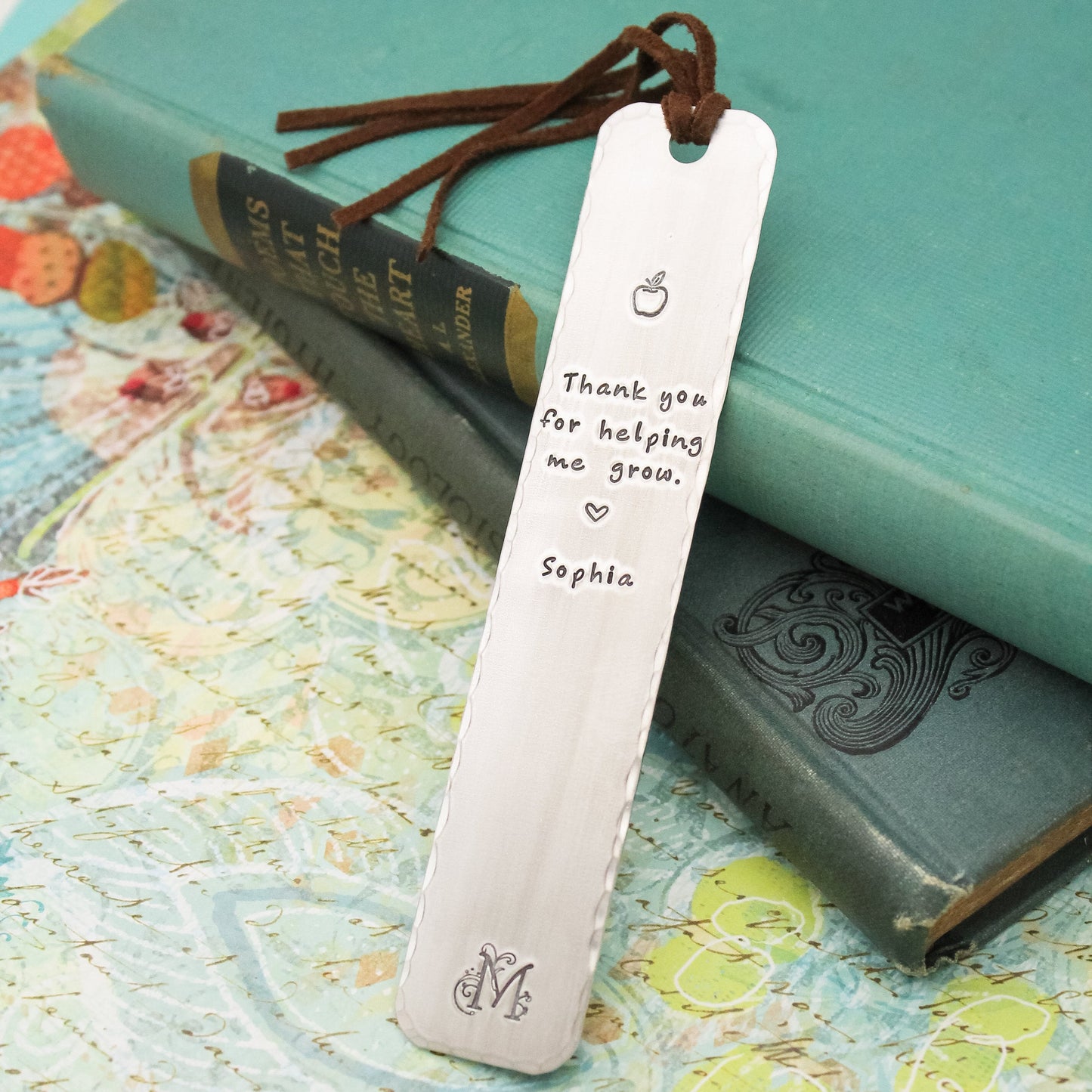 Personalized Teacher Bookmark Gift, Custom Teach Bookmark, Thank You For Helping Me Grow Bookmark, Personalized Initial, Name, and Heart