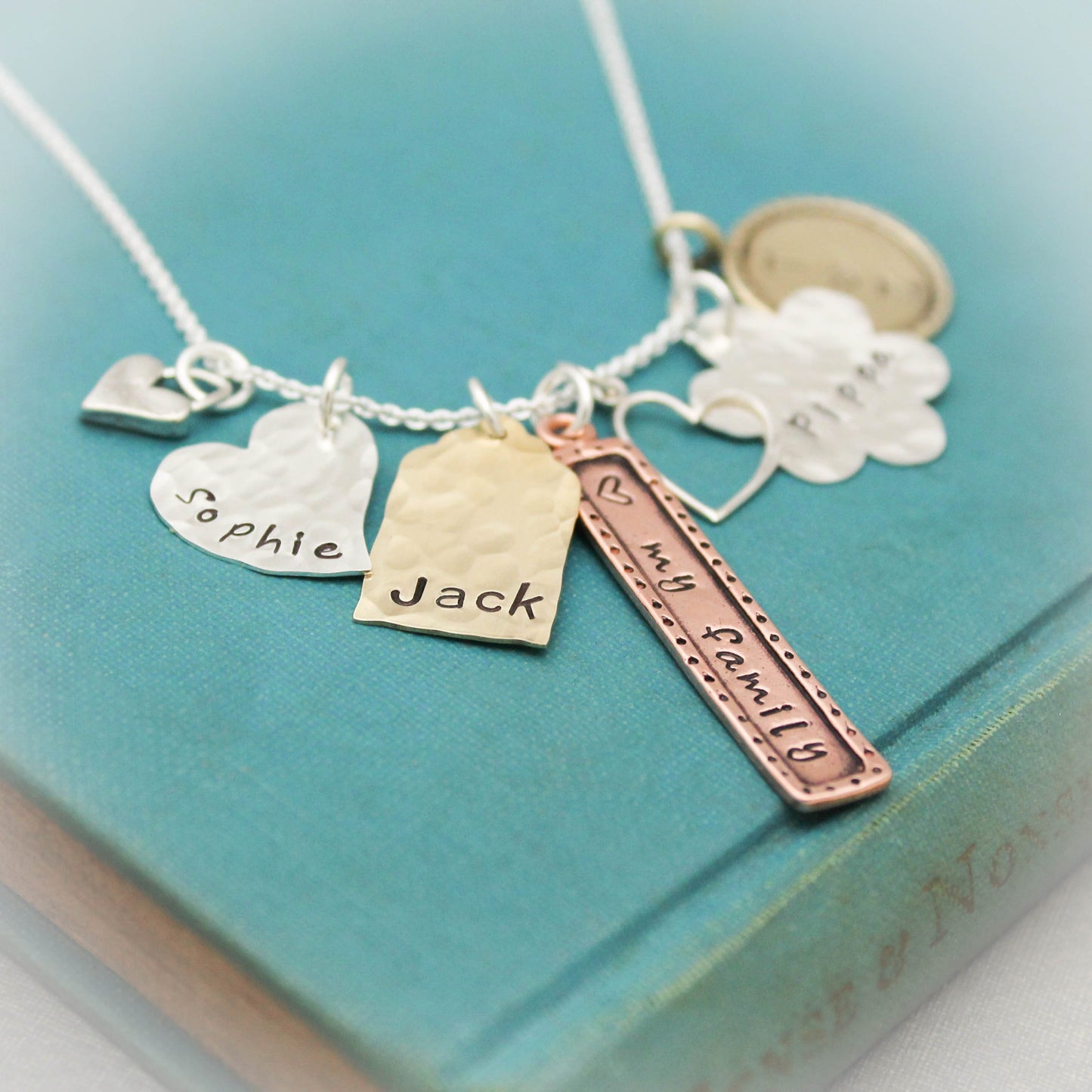 Personalized Charm Necklace, Mommy Necklace, Family Jewelry, Hand Stamped Jewelry, Mixed Metals Necklace, Mother's Day Gifts, Gifts for Her