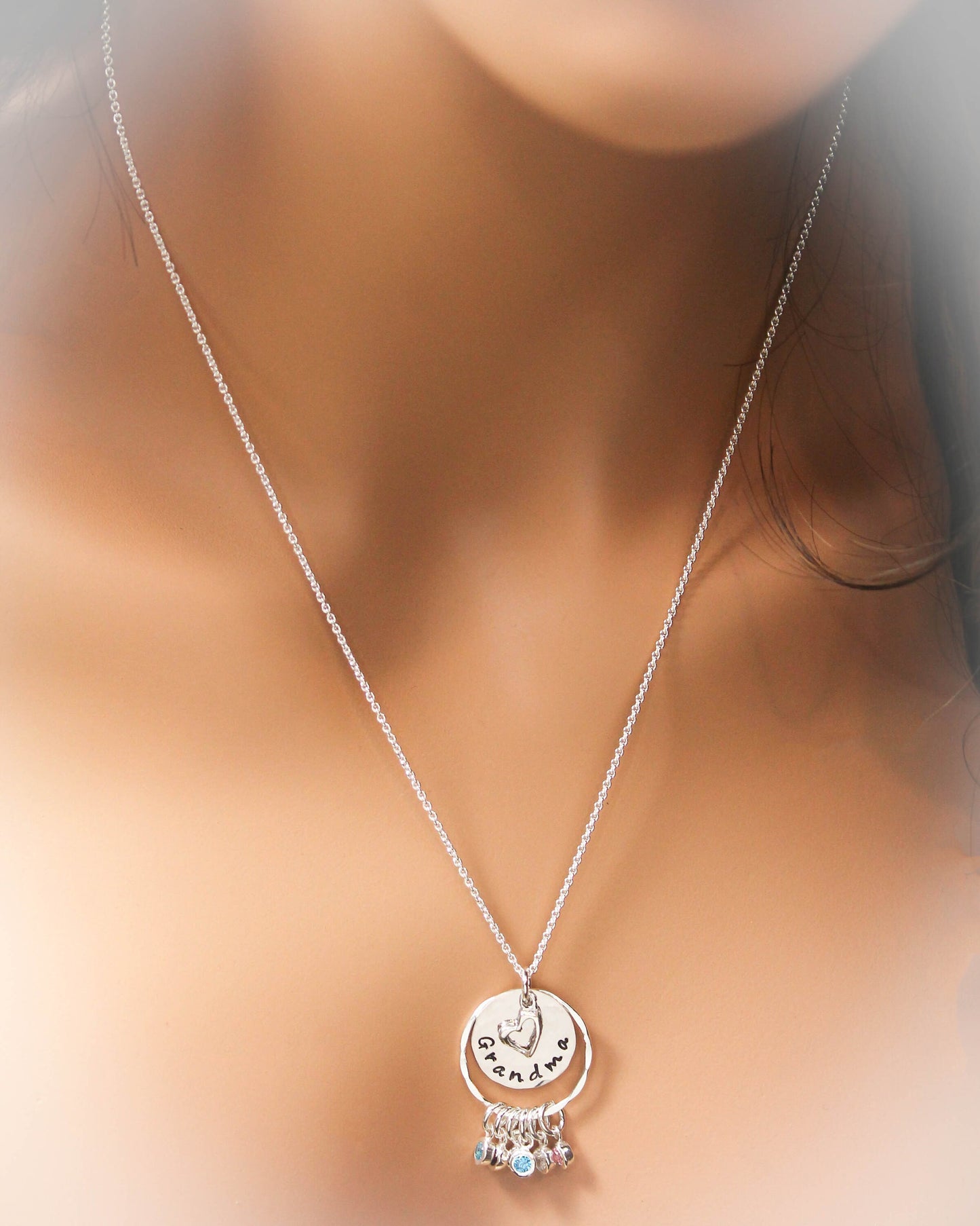 Grandma Necklace, Grandmother Necklace, Birthstone Necklace, Grandchildren Necklace, Hand Stamped Personalized, Mother's Day Gift, Silver