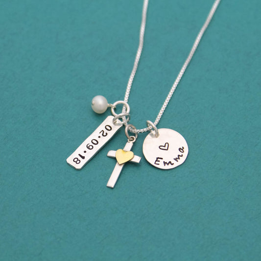 Personalized Cross Charm Necklace in Silver & Bronze, Confirmation Cross Necklace, First Communion Cross Necklace, Hand Stamped Jewelry