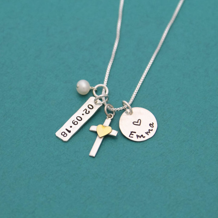 Personalized Cross Charm Necklace in Silver & Bronze, Confirmation Cross Necklace, First Communion Cross Necklace, Hand Stamped Jewelry