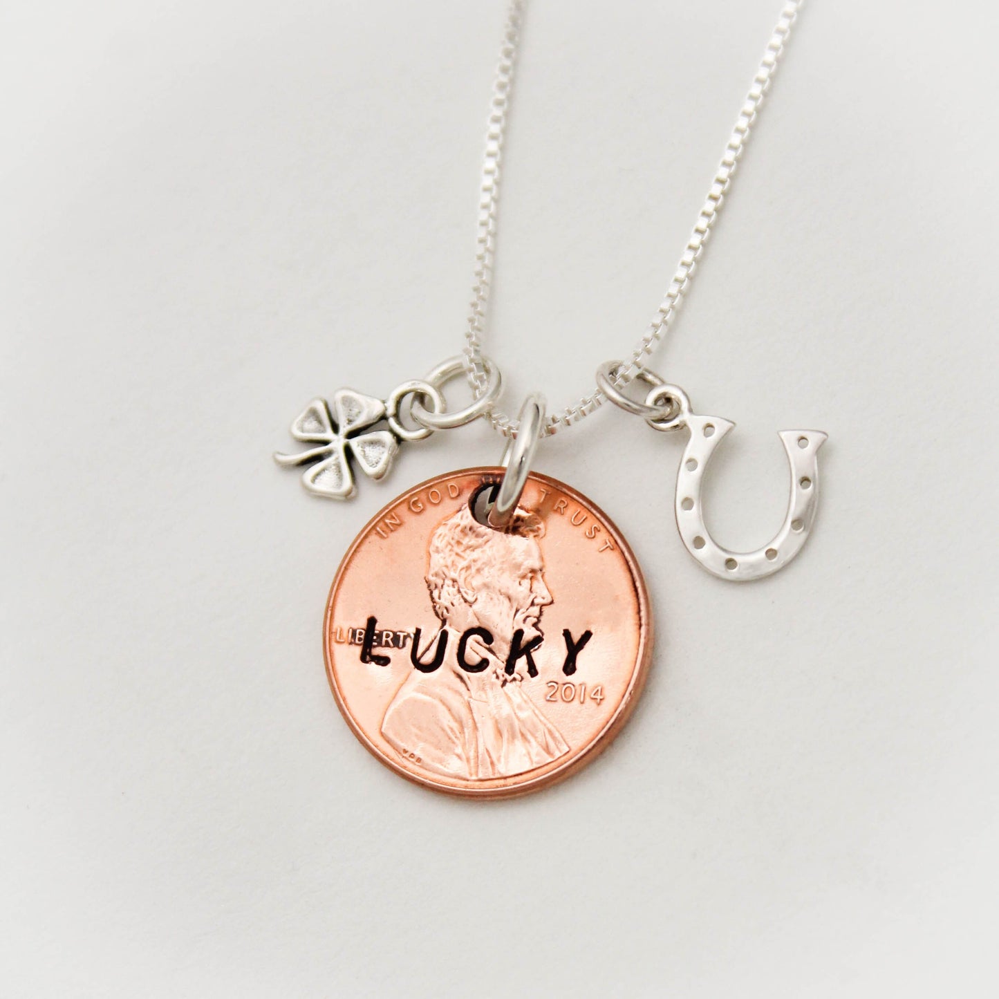Lucky Penny Necklace, Choose Your Penny Year, Personalized, Sterling Silver Necklace with Initial and Birthstone, Hand Stamped Jewelry