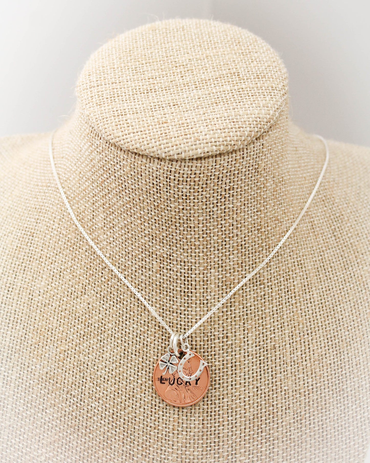 Lucky Penny Necklace, Choose Your Penny Year, Personalized, Sterling Silver Necklace with Initial and Birthstone, Hand Stamped Jewelry