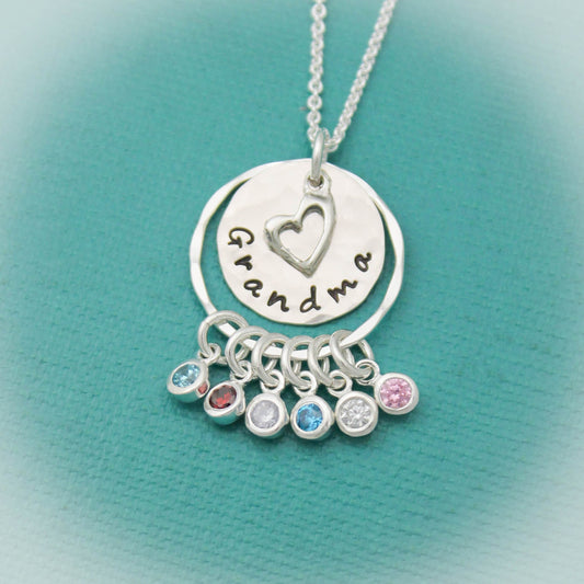 Grandma Necklace, Grandmother Necklace, Birthstone Necklace, Grandchildren Necklace, Hand Stamped Personalized, Mother's Day Gift, Silver