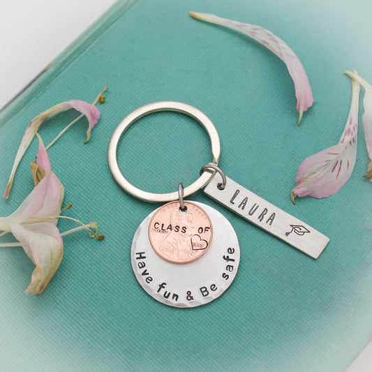 Personalized Lucky Keychain, Have Fun Be Safe Keychain Grad Gift, Lucky Grad Keychain, Graduation Gifts, Lucky Penny Keychain, Graduate Gift