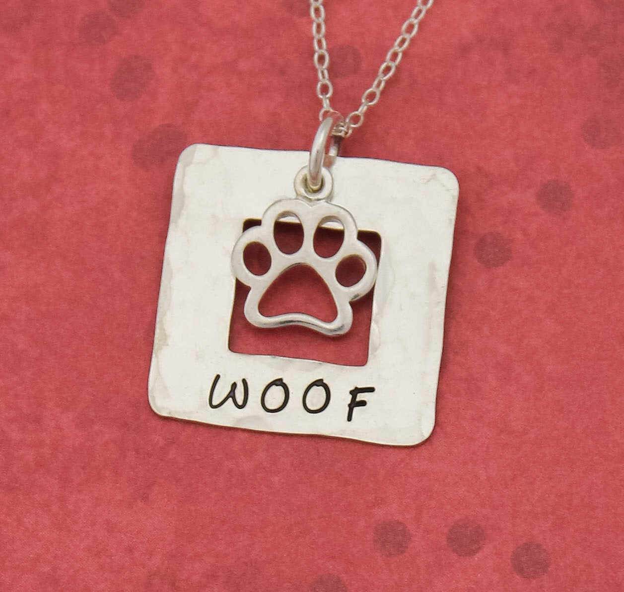 WOOF Necklace, Sterling Silver Dog Paw Necklace, Dog Lover Gift, New Pet Gift, Dog Paw Jewelry, Paw Print Necklace, Hand Stamped Jewelry