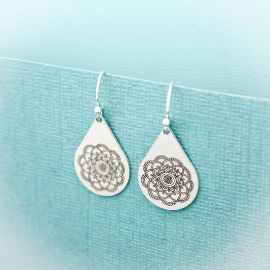 Mandala Teardrop Earrings in Sterling Silver, Mandala Flower Earrings, Yoga Boho Jewelry, Gifts for Her, Mandala Jewelry, Gypsy Earrings