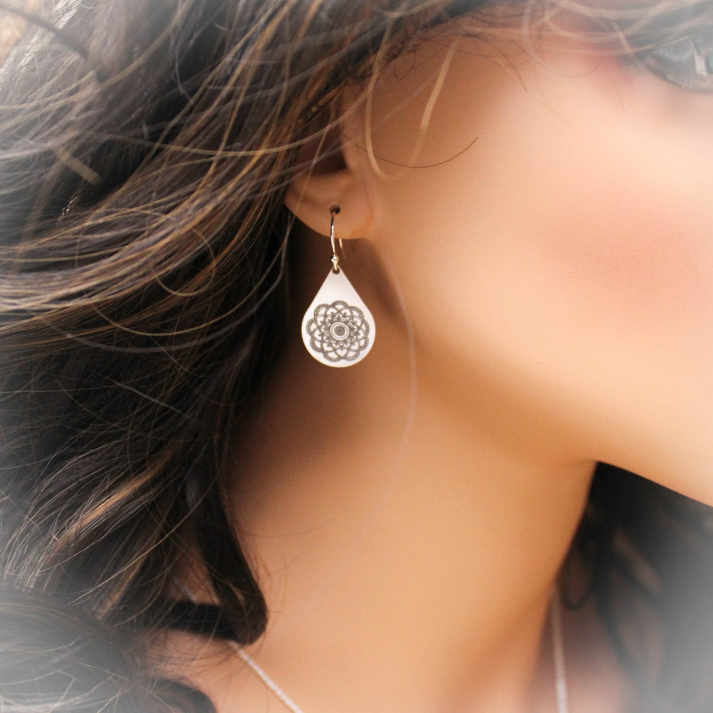 Mandala Teardrop Earrings in Sterling Silver, Mandala Flower Earrings, Yoga Boho Jewelry, Gifts for Her, Mandala Jewelry, Gypsy Earrings