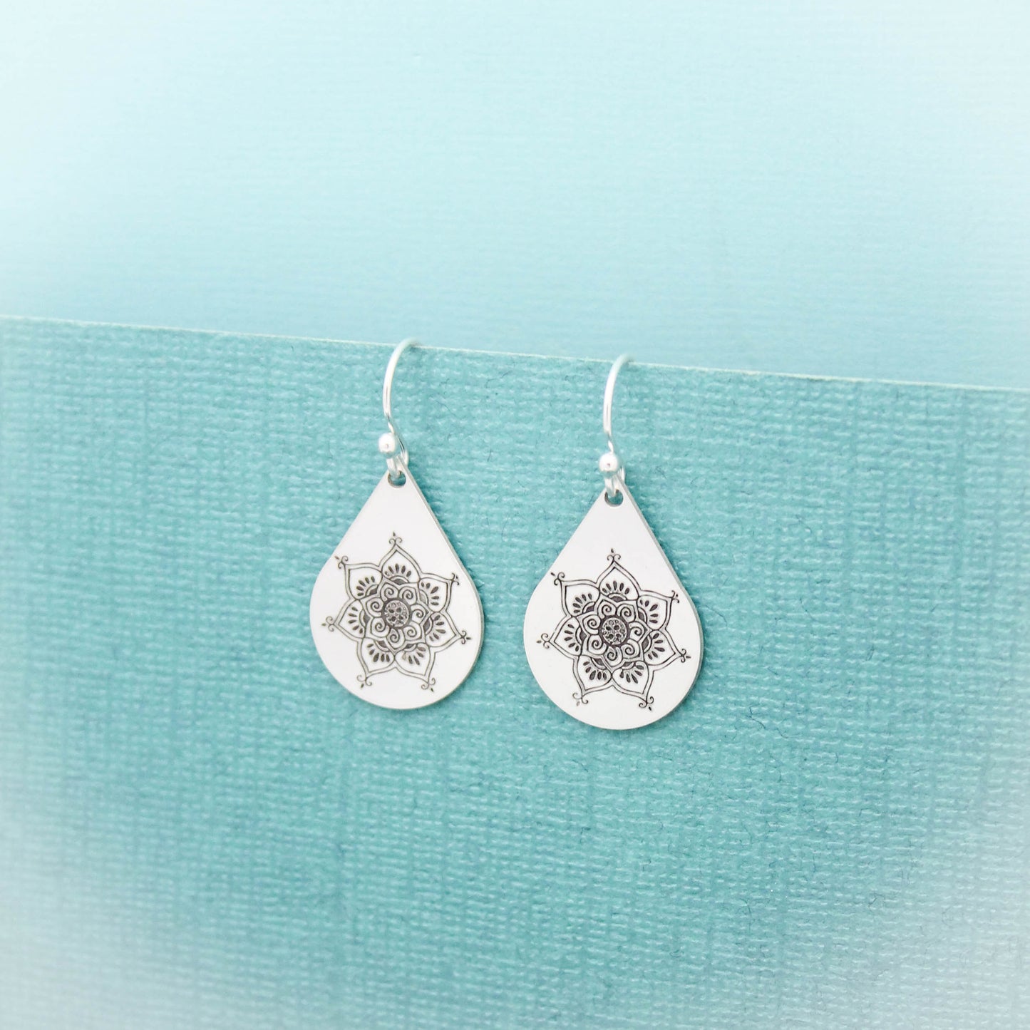 Mandala Teardrop Earrings #2 in Sterling Silver, Mandala Flower Earrings, Yoga Boho Jewelry, Gifts for Her, Mandala Jewelry, Gypsy Earrings