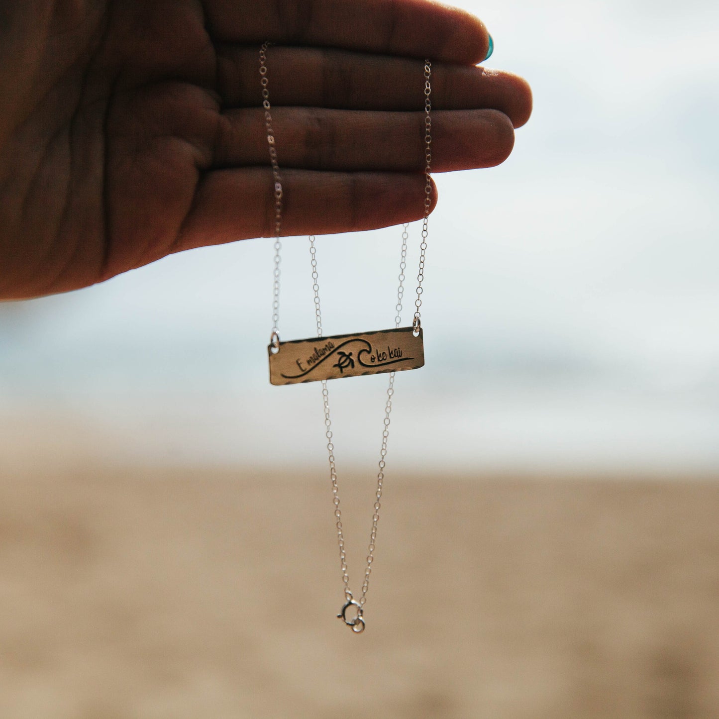 Hawaiian Wave Necklace, Hawaii Turtle Necklace, E Malama O Ke Kai Necklace, Save our Oceans Necklace, Sterling Silver Beach Bar Necklace