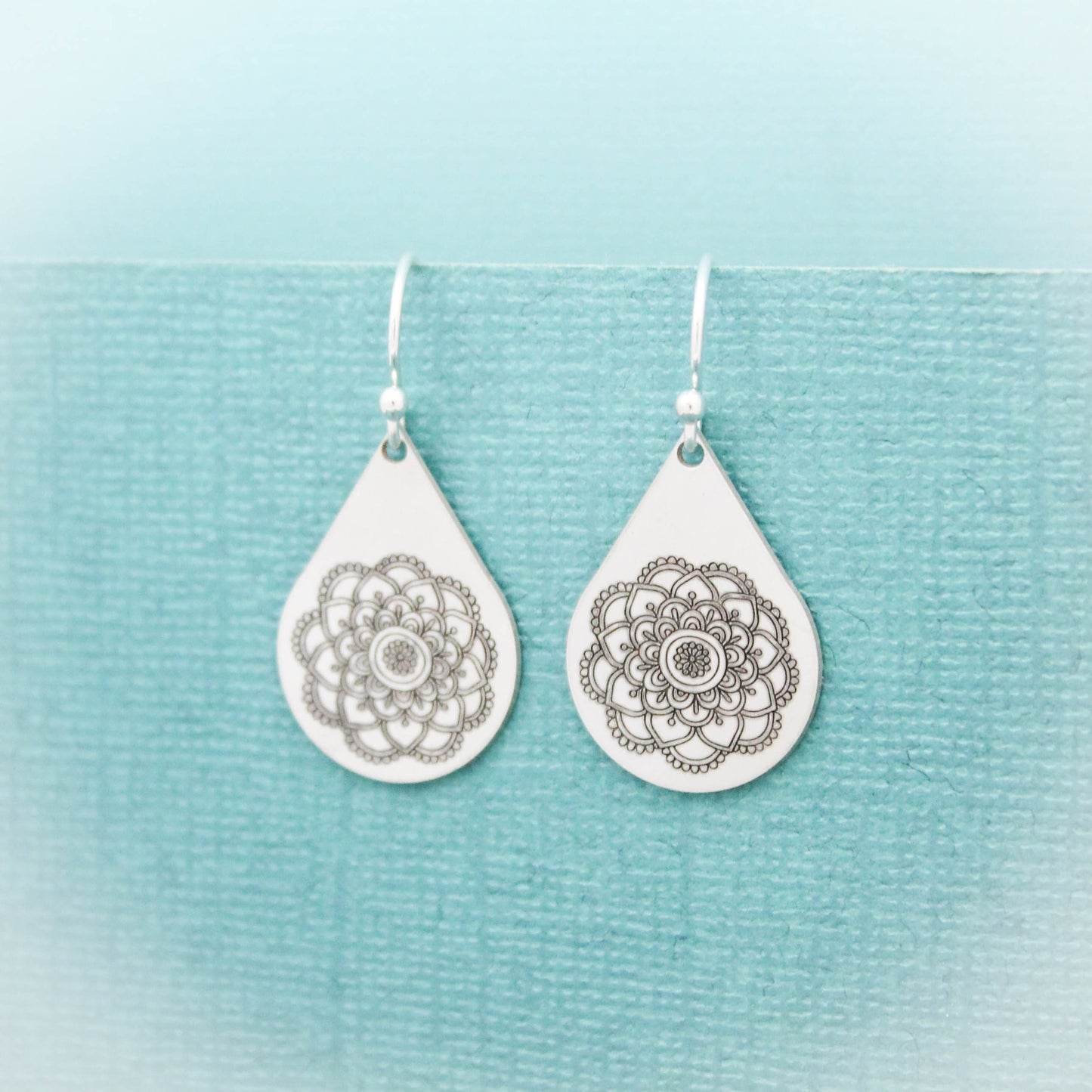 Mandala Teardrop Earrings in Sterling Silver, Mandala Flower Earrings, Yoga Boho Jewelry, Gifts for Her, Mandala Jewelry, Gypsy Earrings