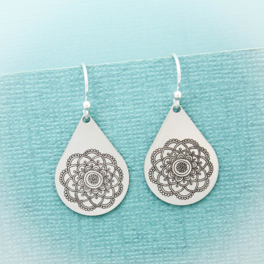 Mandala Teardrop Earrings in Sterling Silver, Mandala Flower Earrings, Yoga Boho Jewelry, Gifts for Her, Mandala Jewelry, Gypsy Earrings