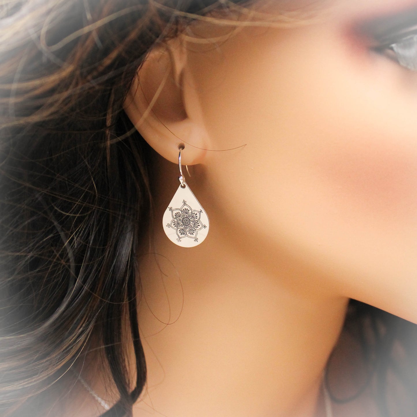 Mandala Teardrop Earrings #2 in Sterling Silver, Mandala Flower Earrings, Yoga Boho Jewelry, Gifts for Her, Mandala Jewelry, Gypsy Earrings