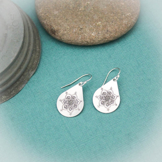 Mandala Teardrop Earrings #2 in Sterling Silver, Mandala Flower Earrings, Yoga Boho Jewelry, Gifts for Her, Mandala Jewelry, Gypsy Earrings