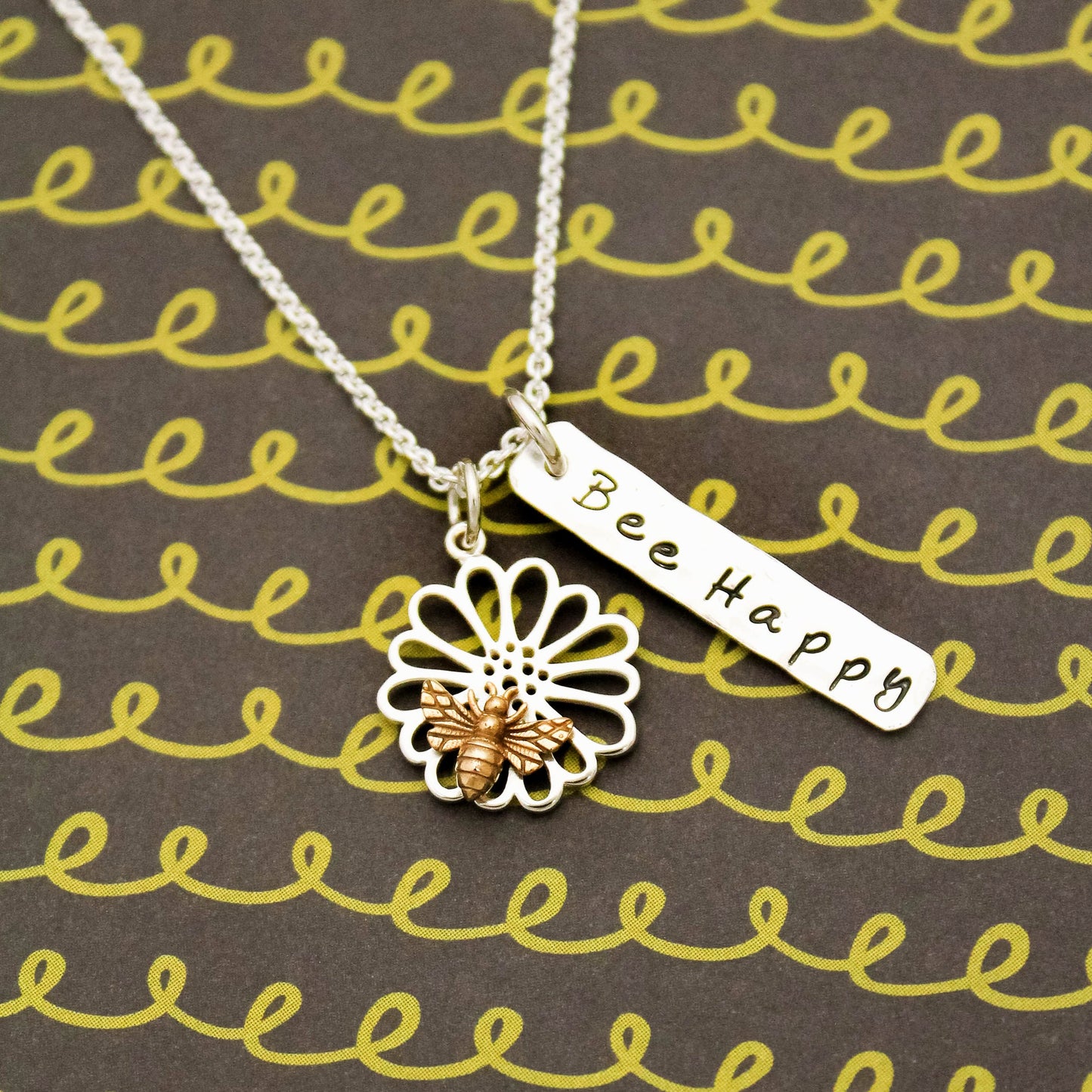 BEE HAPPY Sterling Silver Flower Bee Necklace, Personalized Charm Necklace, Hand Stamped Jewelry, Bee Charm Necklace, Gift for Her Honey Bee
