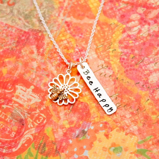 BEE HAPPY Sterling Silver Flower Bee Necklace, Personalized Charm Necklace, Hand Stamped Jewelry, Bee Charm Necklace, Gift for Her Honey Bee