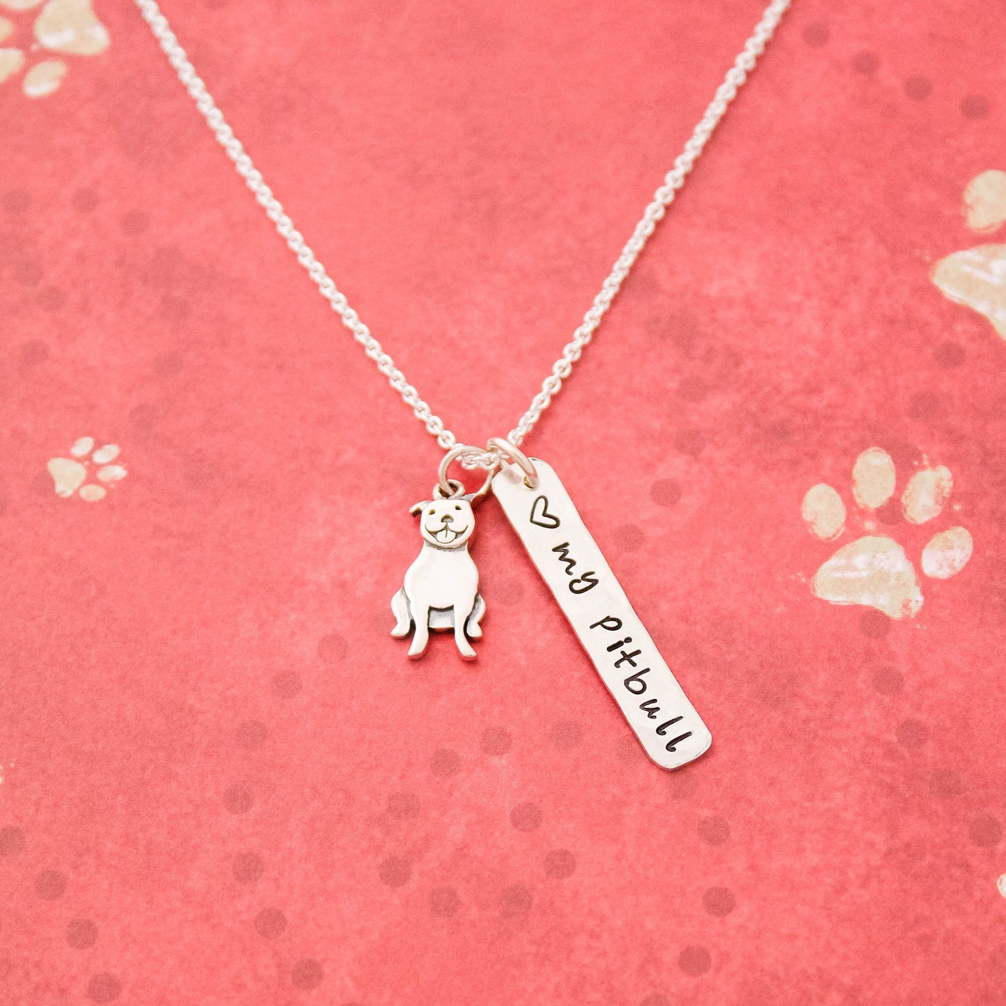 LOVE my PITBULL Necklace, Sterling Silver Pitbull Dog Necklace, Pitbull Lover Gift, New Pet Gift, Pitbull Jewelry, Hand Stamped Pitbull Gift