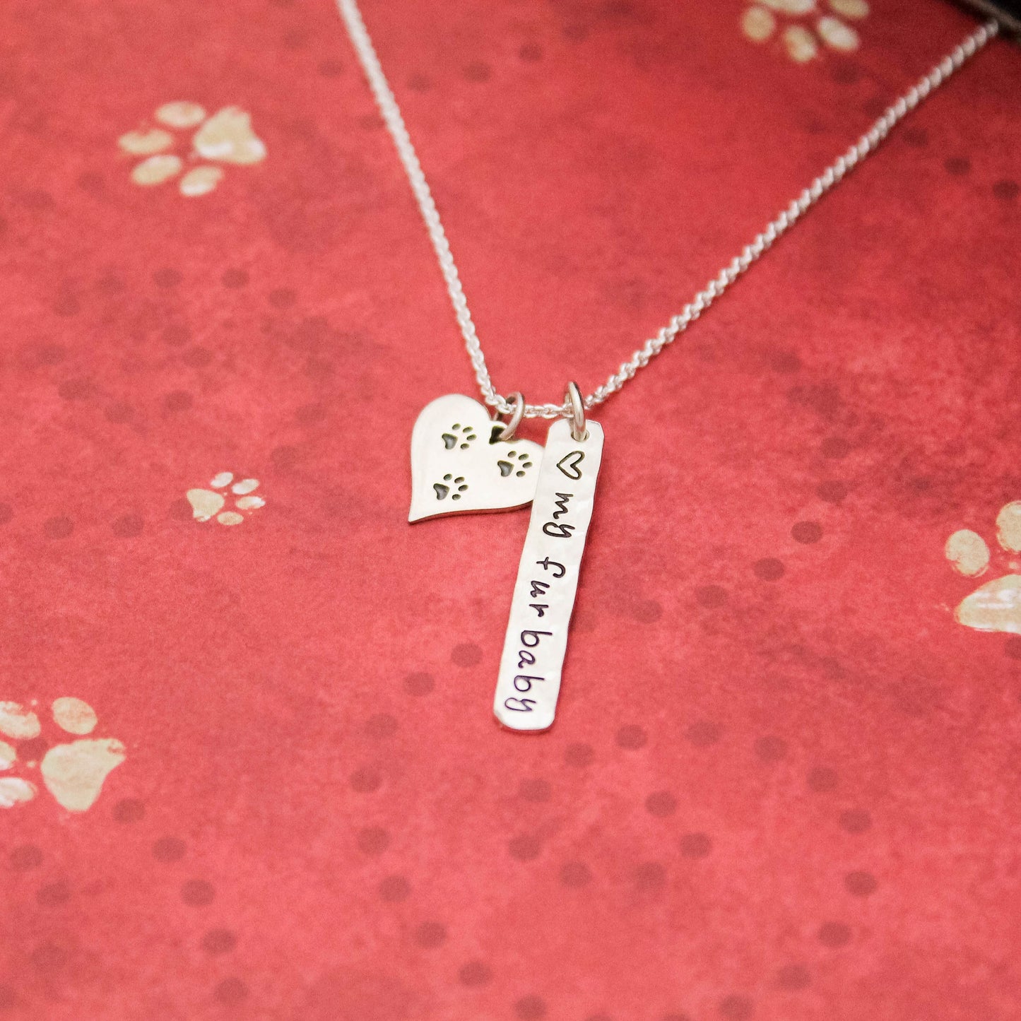 LOVE my Furbaby Necklace, Sterling Silver Dog Necklace, Cute Dog Lover Gift, New Pet Gift, Dog Paw Jewelry, Paw Print Necklace, Hand Stamped