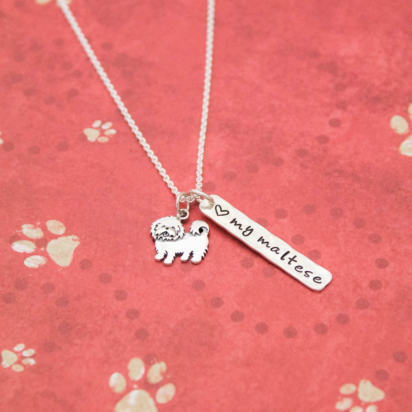 LOVE my MALTESE Necklace, Sterling Silver Dog Necklace, Maltese Lover Gift, New Pet Gift, Dog Maltese Jewelry, Maltese Necklace, Hand Stamp