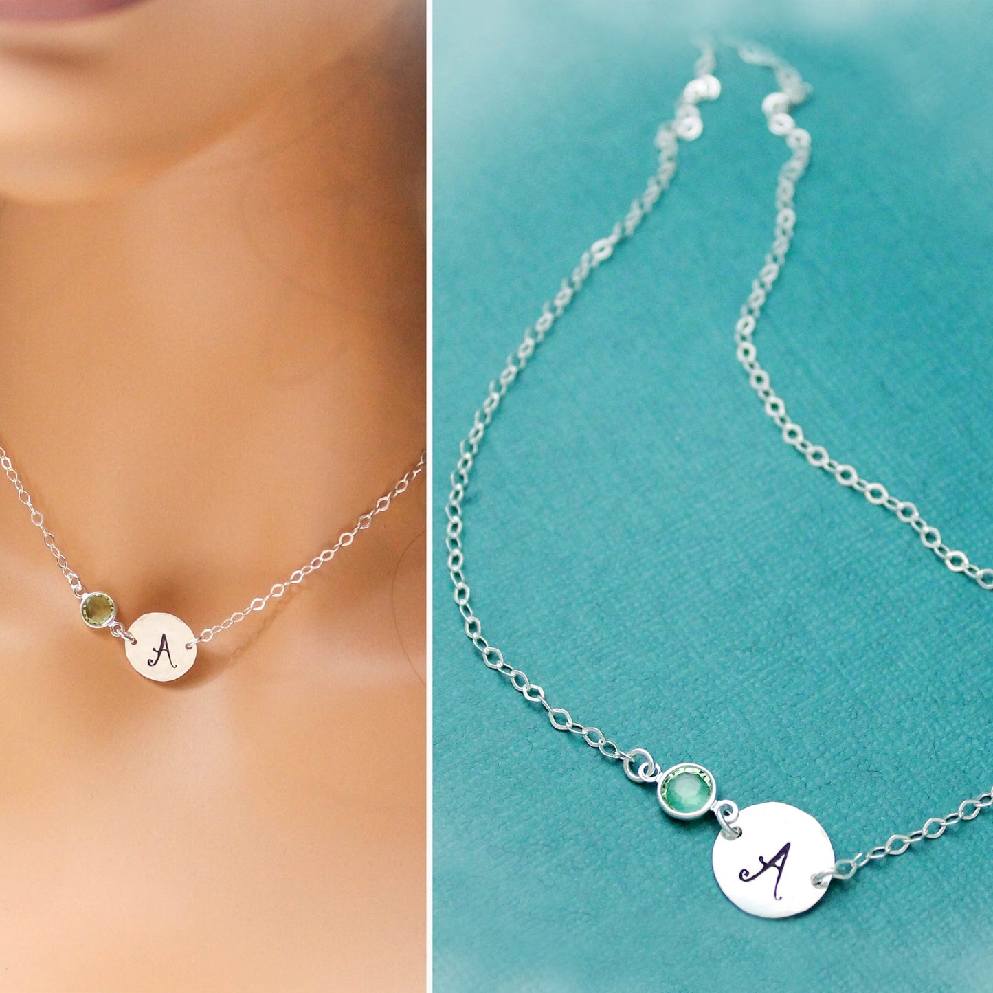 Personalized Initial Birthstone Necklace, Silver Fancy Initial Necklace, Birthstone Necklace, Gift for Her, Personalized Birthday Jewelry