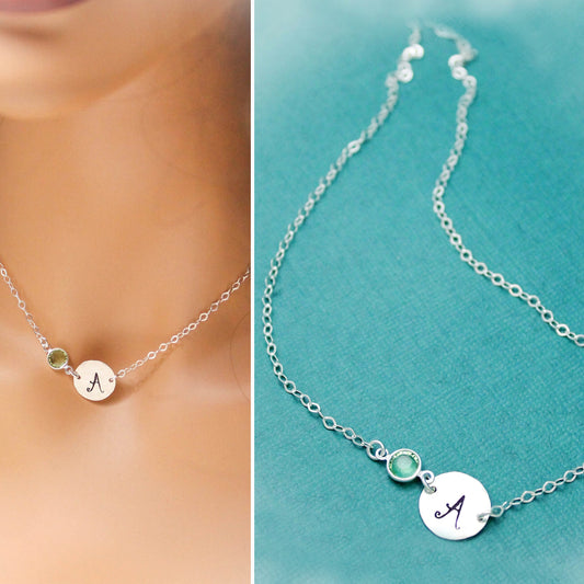Personalized Initial Birthstone Necklace, Silver Fancy Initial Necklace, Birthstone Necklace, Gift for Her, Personalized Birthday Jewelry