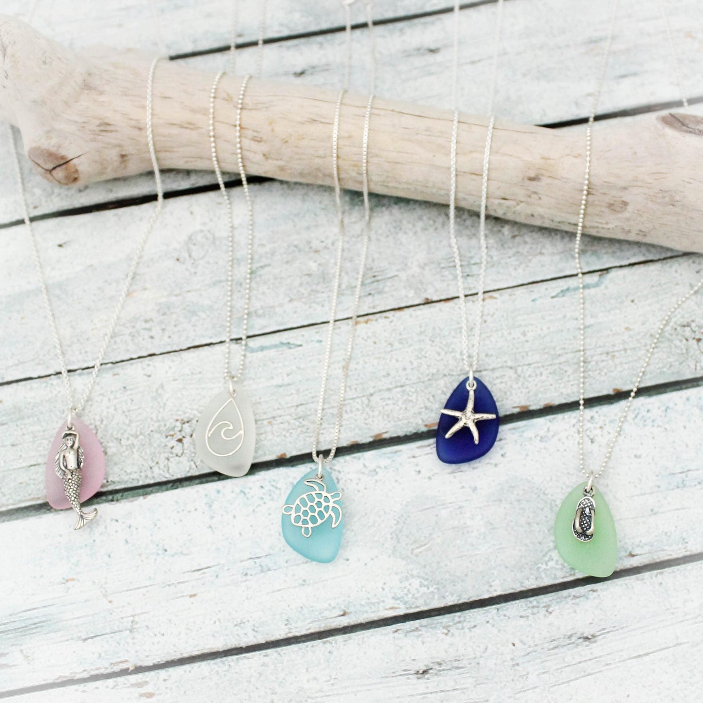 Sea Glass Beach Charm Necklace, Unique Sterling Silver Beach Jewelry, Sea Glass Wave Necklace, Vacation Jewelry Cruise Beachwear Necklace