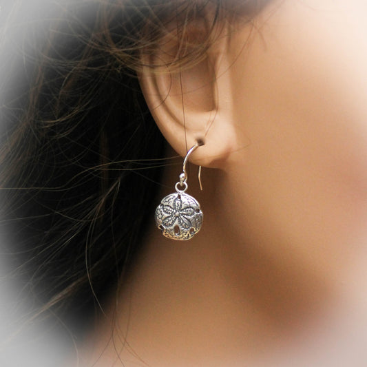 Cute Sand Dollar Earrings, Sterling Silver Shore Earrings, Sand Dollar Jewelry, Sterling Silver Beach Sand Dollar Earrings, Gifts for Her