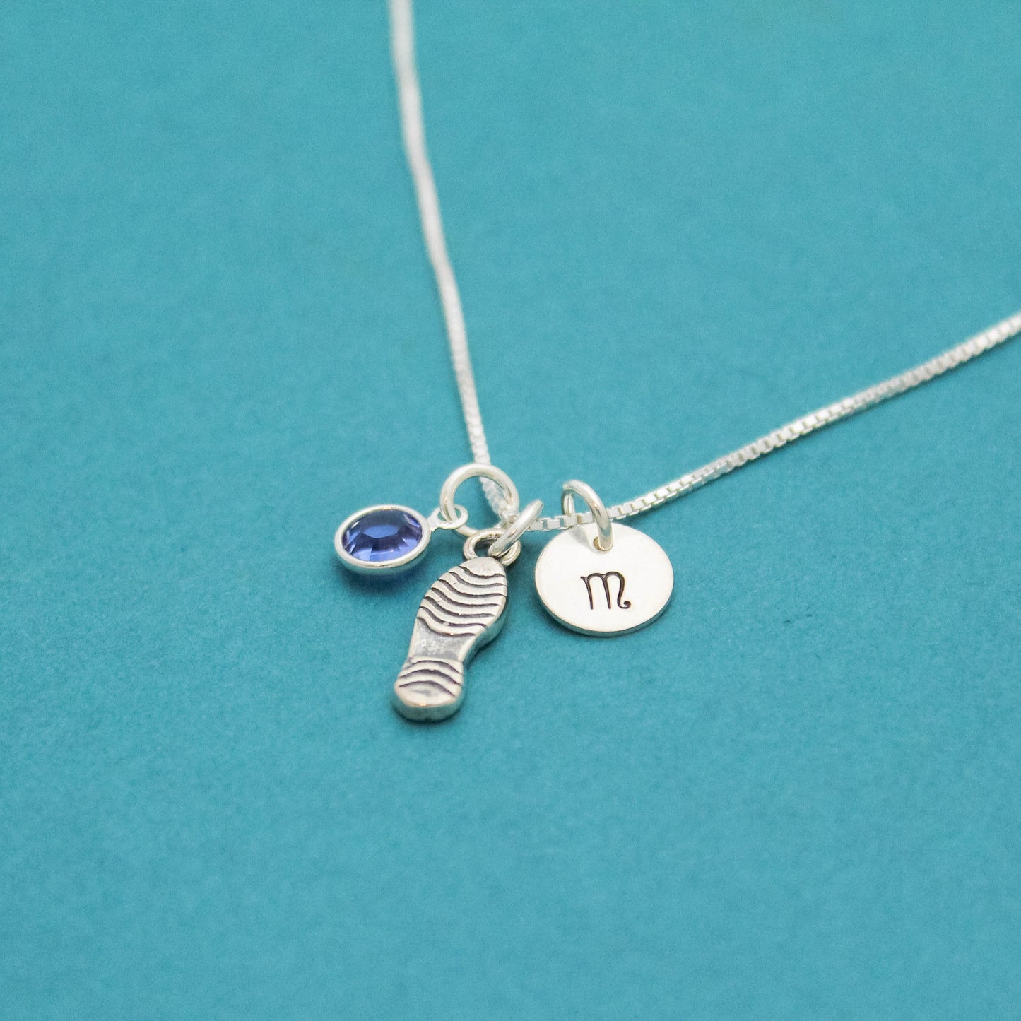 Runner Charm Necklace Sterling Silver with Birthstone and Initial Marathon Jewelry Personalized Hand Stamped Necklace