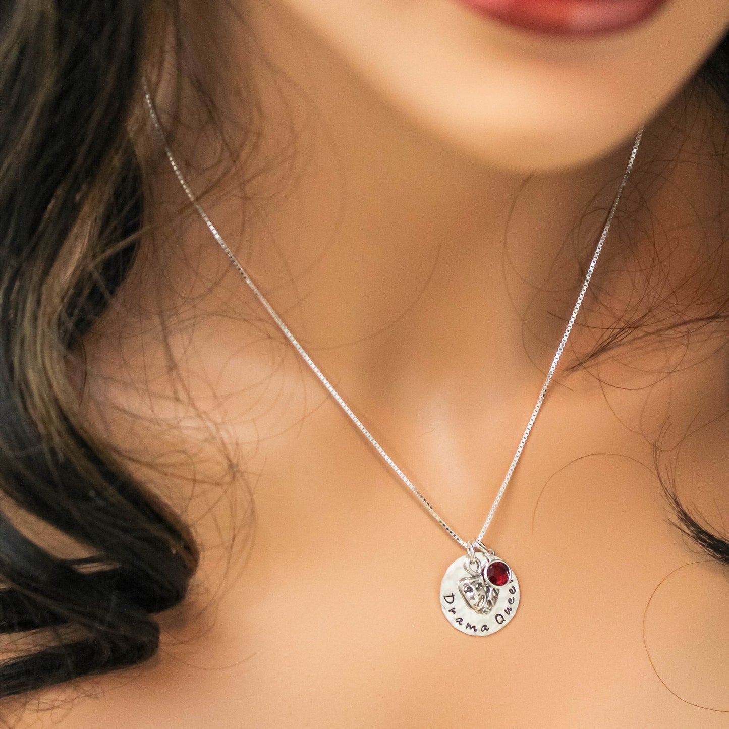Drama Queen with Birthstone Choice Personalized Hand Stamped Necklace