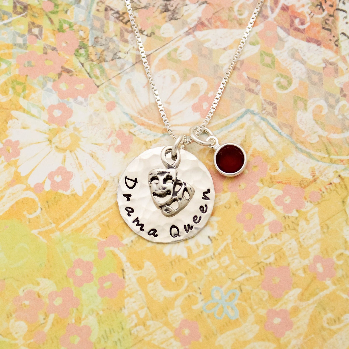 Drama Queen with Birthstone Choice Personalized Hand Stamped Necklace