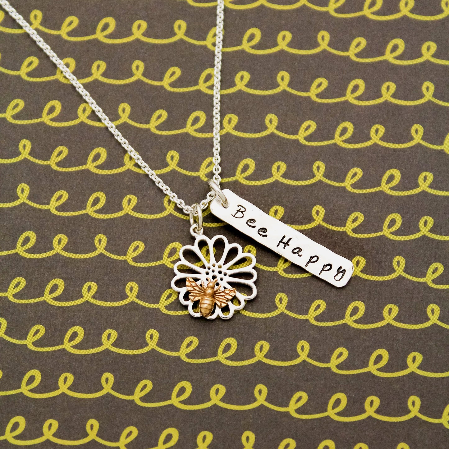 BEE HAPPY Sterling Silver Flower Bee Necklace, Personalized Charm Necklace, Hand Stamped Jewelry, Bee Charm Necklace, Gift for Her Honey Bee