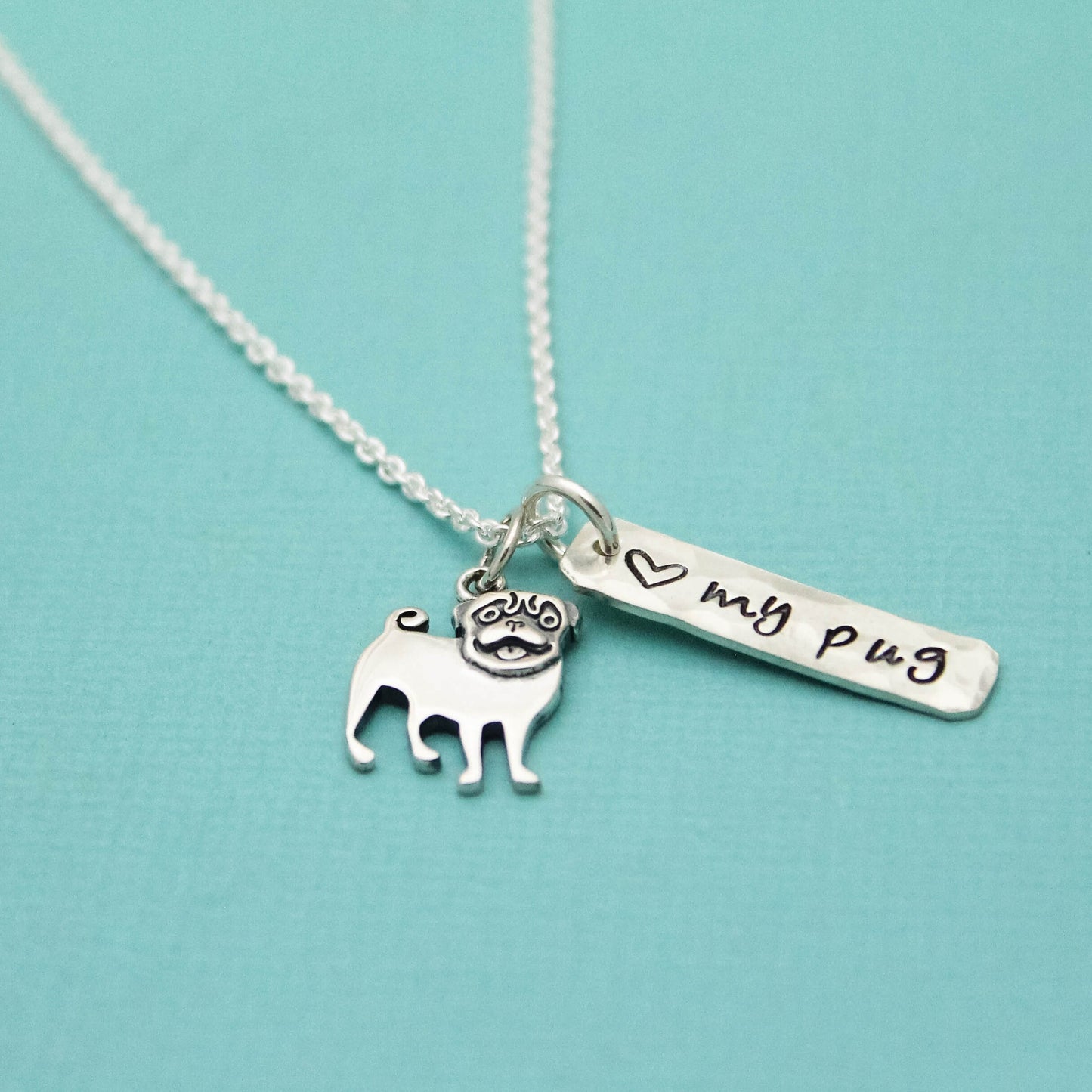 LOVE my PUG Necklace, Sterling Silver Dog Necklace, Pug Lover Gift, New Pet Gift, Dog Pug Jewelry, Pug Necklace, Hand Stamped, Pug Charm