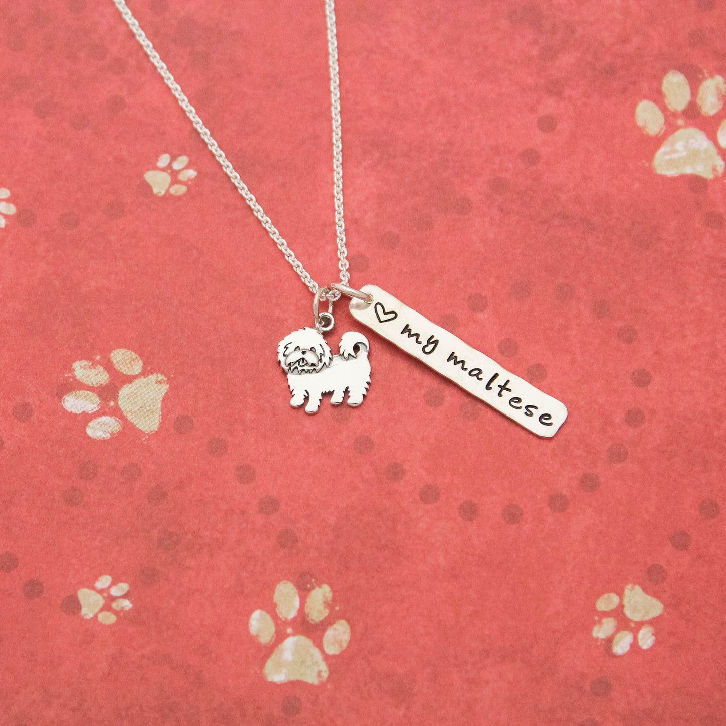 LOVE my MALTESE Necklace, Sterling Silver Dog Necklace, Maltese Lover Gift, New Pet Gift, Dog Maltese Jewelry, Maltese Necklace, Hand Stamp