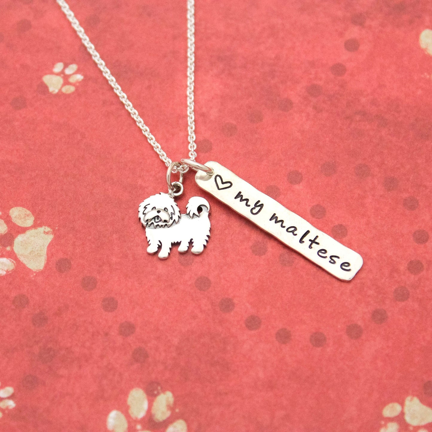 LOVE my MALTESE Necklace, Sterling Silver Dog Necklace, Maltese Lover Gift, New Pet Gift, Dog Maltese Jewelry, Maltese Necklace, Hand Stamp