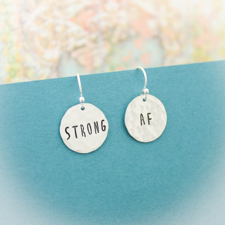 Strong AF Earrings in Sterling Silver, Motivational Inspirational Jewelry, Gifts for Her, Strong As Fuck Jewelry, Curse Word Jewelry Gift