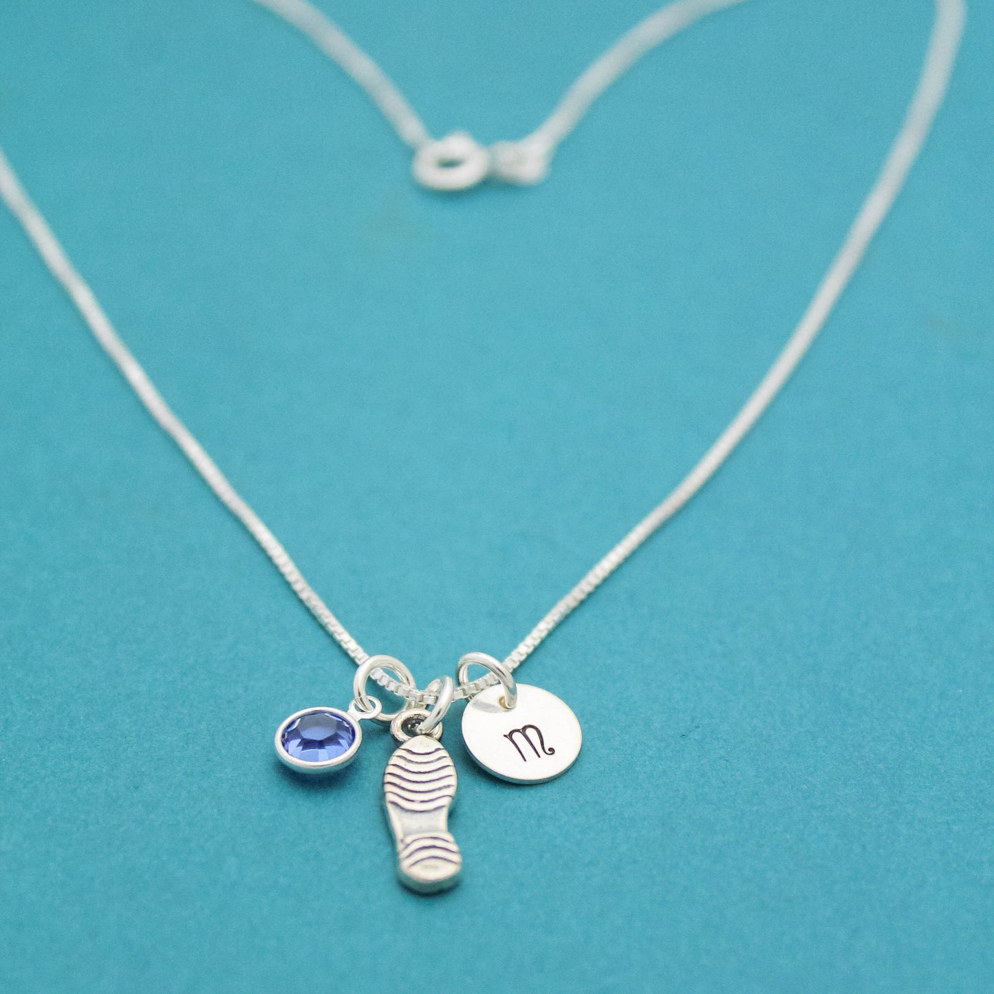 Runner Charm Necklace Sterling Silver with Birthstone and Initial Marathon Jewelry Personalized Hand Stamped Necklace