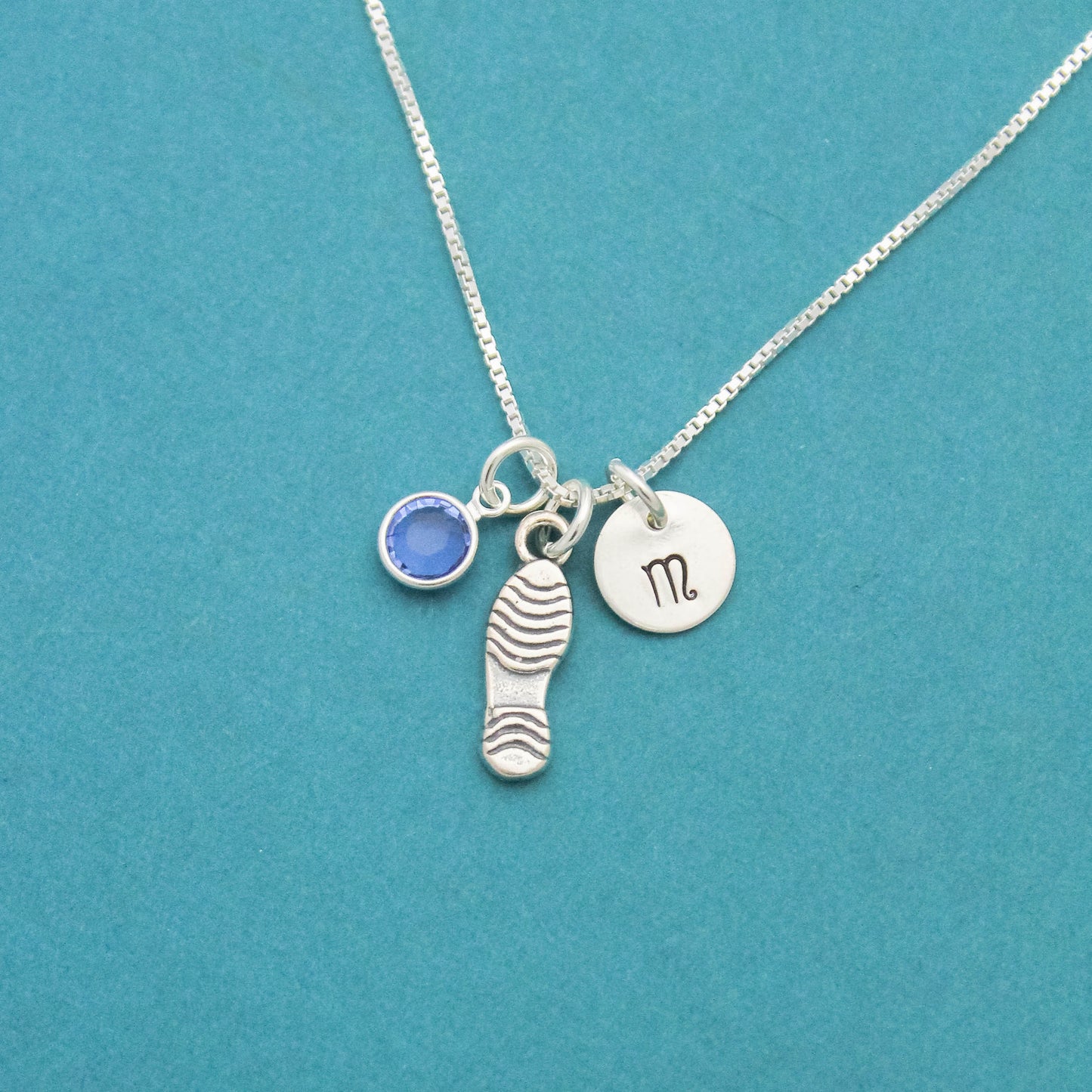 Runner Charm Necklace Sterling Silver with Birthstone and Initial Marathon Jewelry Personalized Hand Stamped Necklace