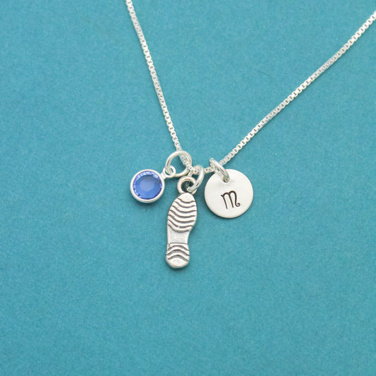 Runner Charm Necklace Sterling Silver with Birthstone and Initial Marathon Jewelry Personalized Hand Stamped Necklace